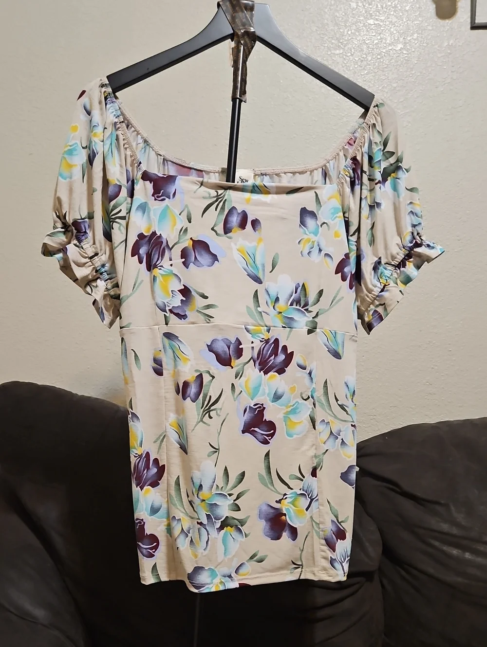 Sew In Love Cream Floral Off-Shoulder Blouse with Purple & Blue Flowers - Picture 1 of 10